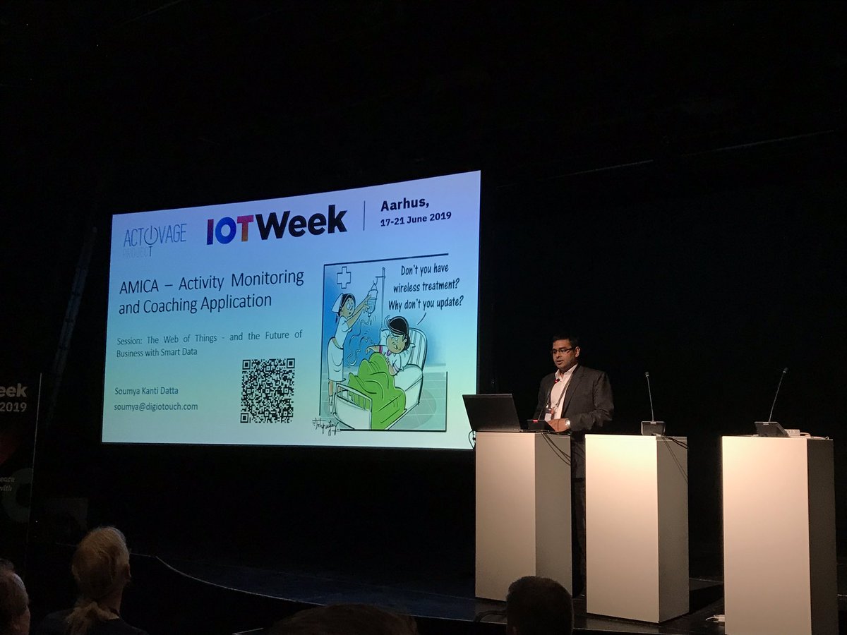 ACTIVAGEproject's tweet photo. Happy to hear @skdatta2010 from @digiotouch talking about AMICA project founded by the 1st #ACTIVAGEopencall, focused on the daily activity monitoring of #eldery people both in indoor and outdoor for providing #healthy coaching to the users! #IoTWeek2019 #webofthings #IoTLSP https://t.co/iW6gGo3L5J