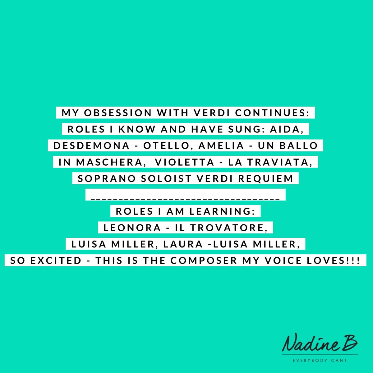 NadinBenjamin's tweet photo. I am totally obsessed with Verdi! I want to sing his music for the rest of my life! #verdilove #verdiopera #OHPBallo #obsession #specialise #loveverdi #opera #composer #soprano #rastadiva https://t.co/BtnwnpH6Kh