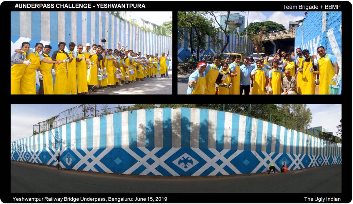 theuglyindian's tweet photo. YES! IT'S YESHWANTPUR!
Volunteers from the @BrigadeGroup took up the #UnderpassChallenge and transformed the ugly walls of the Railway UnderBridge at Yeshwantpur, Bengaluru in partnership with #BBMP. Great work! #SwachhaSundaraBengaluru
@Randeep_Dev @BBMPComm @BrigadeWrkspace https://t.co/DNQyzj9MeE