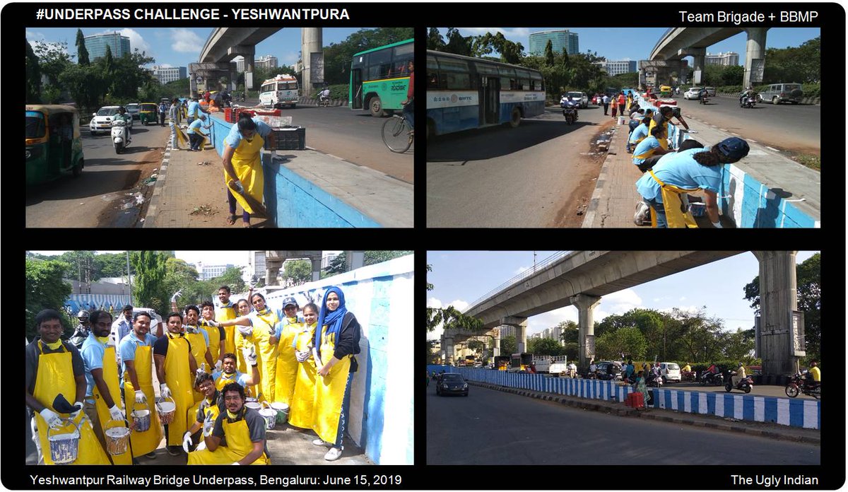 theuglyindian's tweet photo. YES! IT'S YESHWANTPUR!
Volunteers from the @BrigadeGroup took up the #UnderpassChallenge and transformed the ugly walls of the Railway UnderBridge at Yeshwantpur, Bengaluru in partnership with #BBMP. Great work! #SwachhaSundaraBengaluru
@Randeep_Dev @BBMPComm @BrigadeWrkspace https://t.co/DNQyzj9MeE