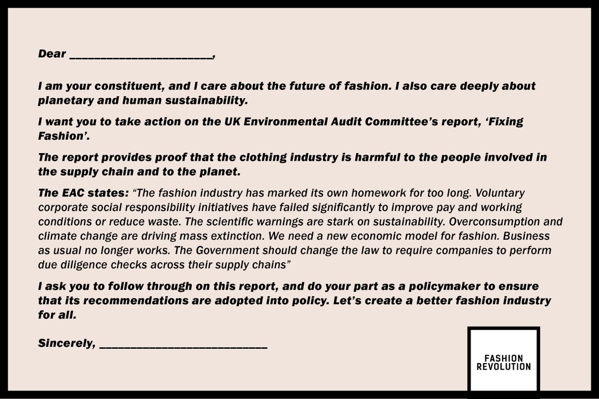 Fash_Rev's tweet photo. #FashionRevolution is proof that citizens care and that our voices matter. If you're a citizen who is disappointed the @HouseofCommons isn't taking the fashion industry seriously, use this template and let your MPs know. #EACFixingFashion https://t.co/rbbHd2FZby