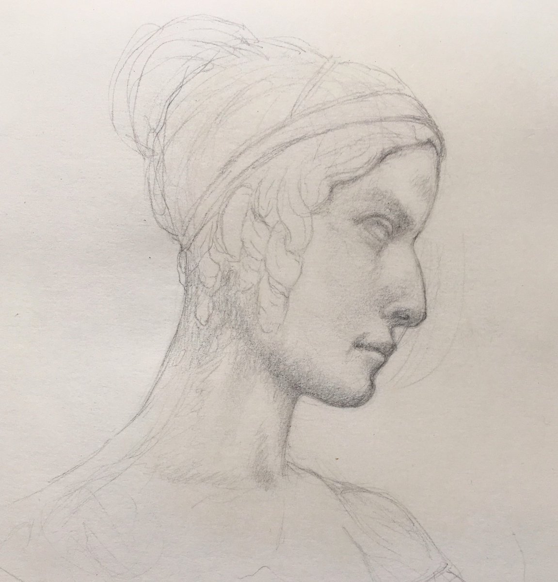 RMonaghanArt's tweet photo. Sketching at the V&amp;A again, I’ve drawn this sculpture before I don’t know why I like it so much. Just wanted to focus on the face for now. Every time I try to draw her hair it keeps looking like little croissants 😂🥐 https://t.co/nJO8Fvctvm