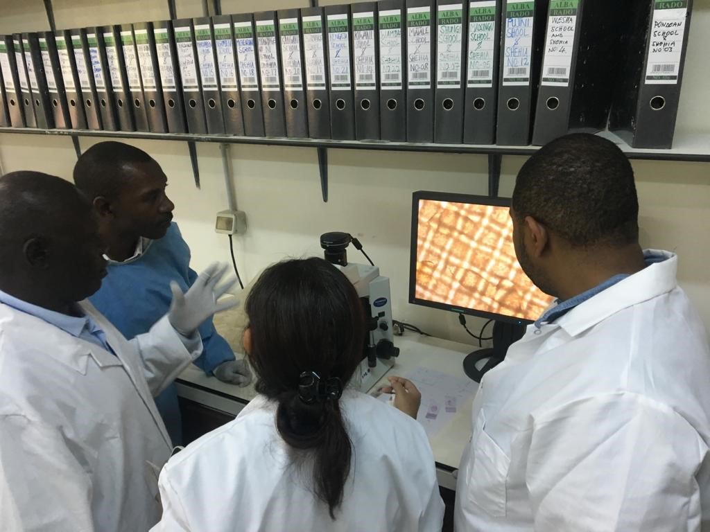 #schistosomiasis diagnosis is done through parasite eggs detection in stool or urine. #laboratory technicians discussing antibodies/antigens detection in blood/ urine samples during 2nd week training workshop at Ivo de Carneri (PHL-IdC) in Pemba, Tanzania #beatntds @WHOTanzania