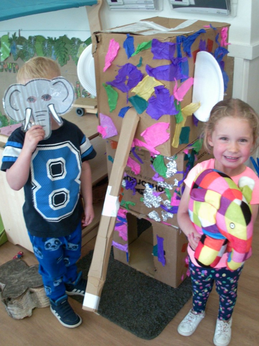 The Preschool Children at Asquith Wavendon have been discussing the jungle and have created their own patch work Elmer, who is standing very proudly in our front gardens.