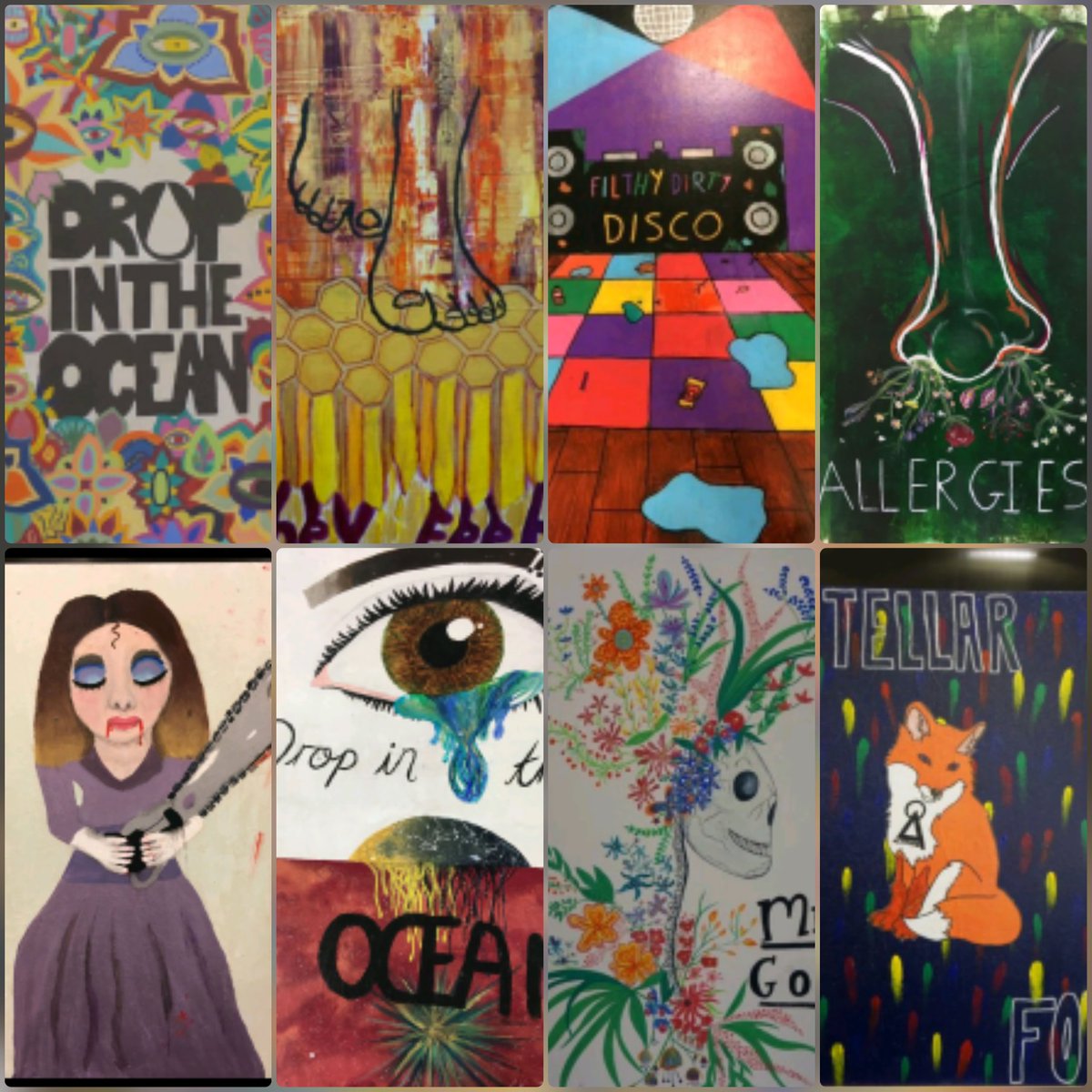 A selection of artwork designed and  painted by Year 9 students and exhibited at Altitude Festival 2019