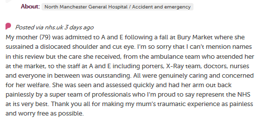 North Manchester General Hospital (@northmcrgh_nhs) on Twitter photo Our A&E colleagues have also come in for praise from a patient's relative on <a href="/careopinion/">Care Opinion</a>. They describe "a super team of professionals who Iβm proud to say represent the NHS at its very best." #PatientExperience Our A&E colleagues have also come in for praise from a patient's relative on <a href="/careopinion/">Care Opinion</a>. They describe "a super team of professionals who Iβm proud to say represent the NHS at its very best." #PatientExperience