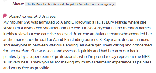 Our A&E colleagues have also come in for praise from a patient's relative on @careopinion. They describe 'a super team of professionals who I’m proud to say represent the NHS at its very best.' #PatientExperience