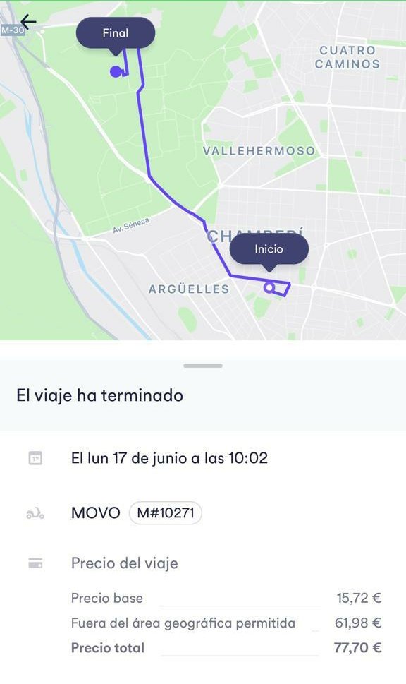 pelukalimera's tweet photo. Cuando un viaje en moto por madrid te sale a 77€. Y dice que he estado fuera del area pero no aparece el área de delimitación. ¿Podrían devolverme y cobrarme lo que en realidad me ha costado? Gracias @movo_esp #movo #quehapachao https://t.co/2sHPhHJ9UU