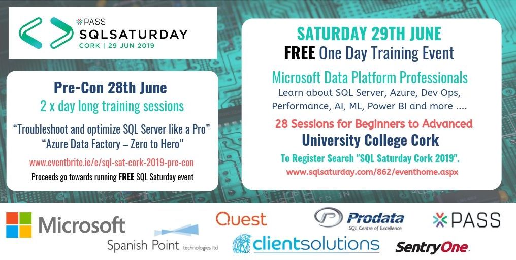 Help us spread the word and let #SQL enthusiasts know about this FREE event!  @Corks96FM @CorksRedFM @LeoCork @CorkChamber @corkindo @irishexaminer @IrishTimes @iia @Independent_ie @Irish_TechNews  @UCC @siliconrepublic  @TechCentral 
Register ow.ly/wL5Y50us2GL