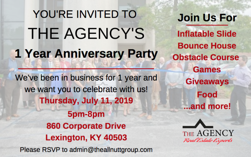 SandyAllnutt's tweet photo. The Agency is turning ONE on July 11th &amp; we want you to join us in celebrating! Take a look below of the details! We hope to see you there! And we want to give a big shout out to our sponsors Bryan May, Century Mortgage, Wildcat Moving Lexington, &amp; Bluegrass Land Title, LLC! https://t.co/kLzBnwV2h9