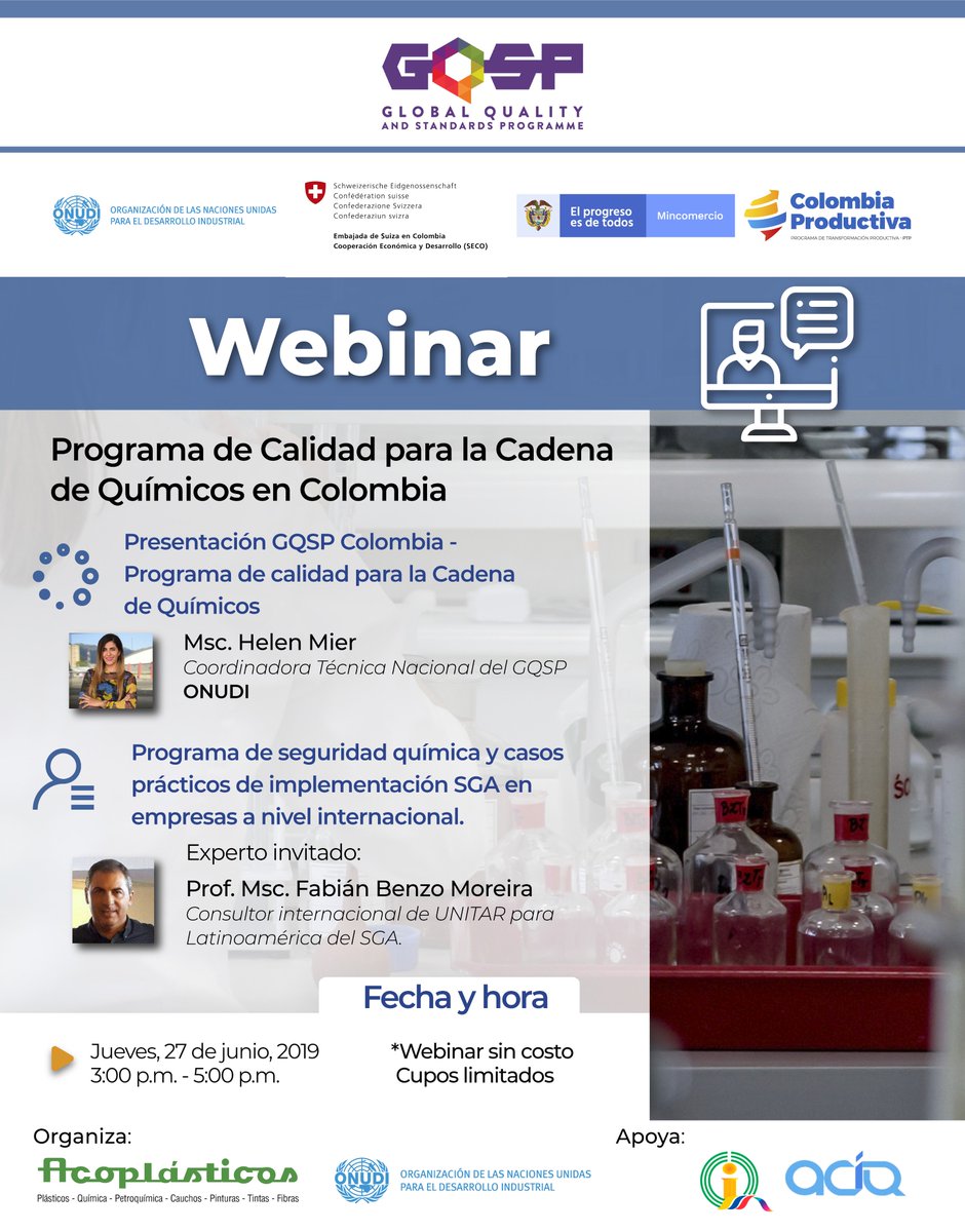Conoce más del Programa de Calidad para la Cadena de Químicos #GQSP de <a href="/ONUDIColombia/">ONUDI en Colombia</a>, <a href="/SuizaColombia/">Embajada de Suiza en Colombia</a>, <a href="/MincomercioCo/">MinComercio Colombia</a>  y <a href="/Col_Productiva/">Colombia Productiva</a>, en el Webinar gratuito que tendremos el próximo 27 de junio a las 3:00 p.m.
Regístrate en ➡️ bit.ly/2XNGKsh