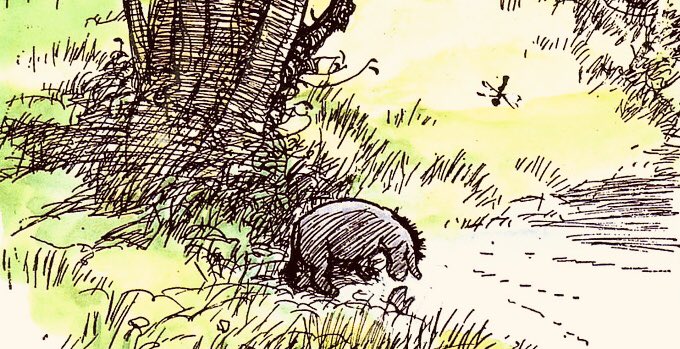 A_AMilne's tweet image. Eeyore stood by himself and thought about things. Sometimes he thought sadly to himself, “Why?” and sometimes he didn’t know what he was thinking. So when Pooh came stumping along, Eeyore was very glad to be able to stop thinking for a little. ~A.A.Milne #LonelinessAwarenessWeek