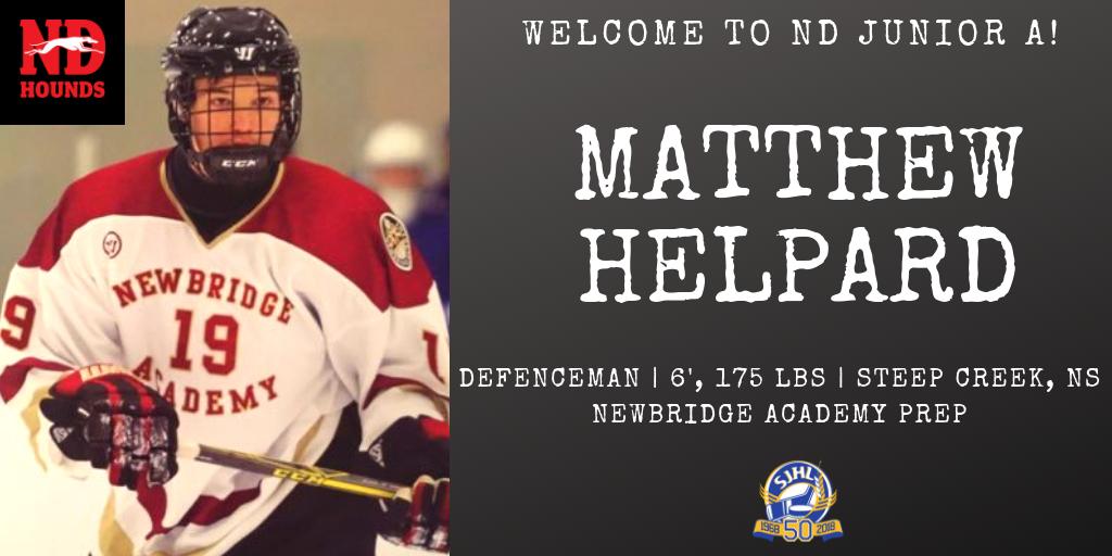 Notre Dame Jr A Hounds (@ndjrahounds) on Twitter photo BREAKING NEWS: For player signing No. 5 of this off-season we welcome 18-year-old defender <a href="/MatthewHelpard/">Matthew Helpard</a> out of <a href="/NA_BoysHockey/">Newbridge Academy Boys Hockey</a> in Nova Scotia! Welcome to the @NotreDameHounds Matt! #SJHL <a href="/theSJHL/">SJHL</a> BREAKING NEWS: For player signing No. 5 of this off-season we welcome 18-year-old defender <a href="/MatthewHelpard/">Matthew Helpard</a> out of <a href="/NA_BoysHockey/">Newbridge Academy Boys Hockey</a> in Nova Scotia! Welcome to the @NotreDameHounds Matt! #SJHL <a href="/theSJHL/">SJHL</a>