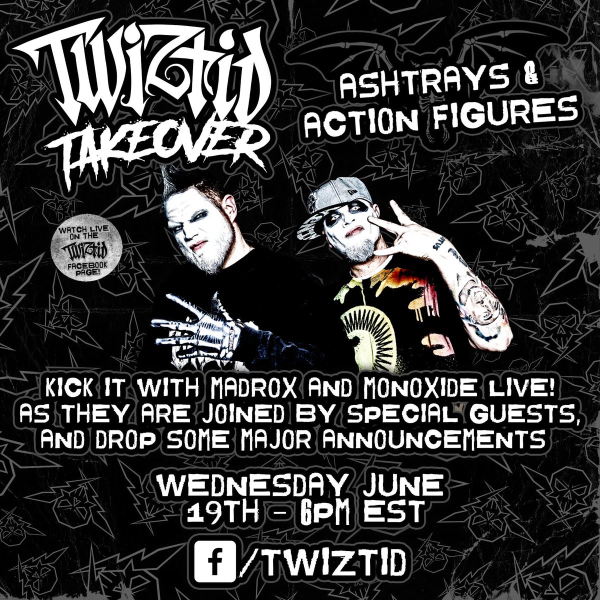 Tomorrow night! The demented duo returns with special guests and big announcements! Tune in live 6PM EST at the official <a href="/tweetmesohard/">Twiztid</a> Facebook page! #mneradio #twiztid #madrox #monoxide #ashtraysandactionfigures <a href="/majikninjaent/">Majik Ninja Entertainment</a>