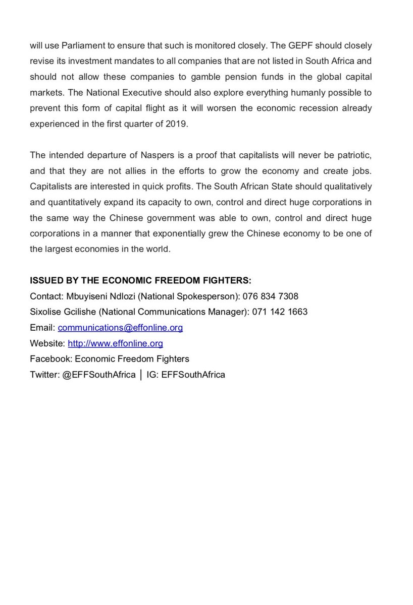 EFFSouthAfrica's tweet image. The Economic Freedom Fighters Condemns The De-Listing of NASPERS From The JSE And Calls The GEPF To Sell Its Shares.