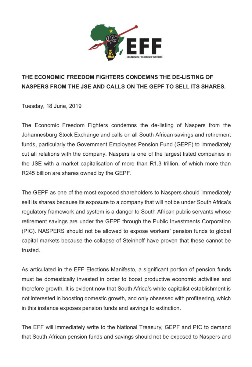EFFSouthAfrica's tweet image. The Economic Freedom Fighters Condemns The De-Listing of NASPERS From The JSE And Calls The GEPF To Sell Its Shares.