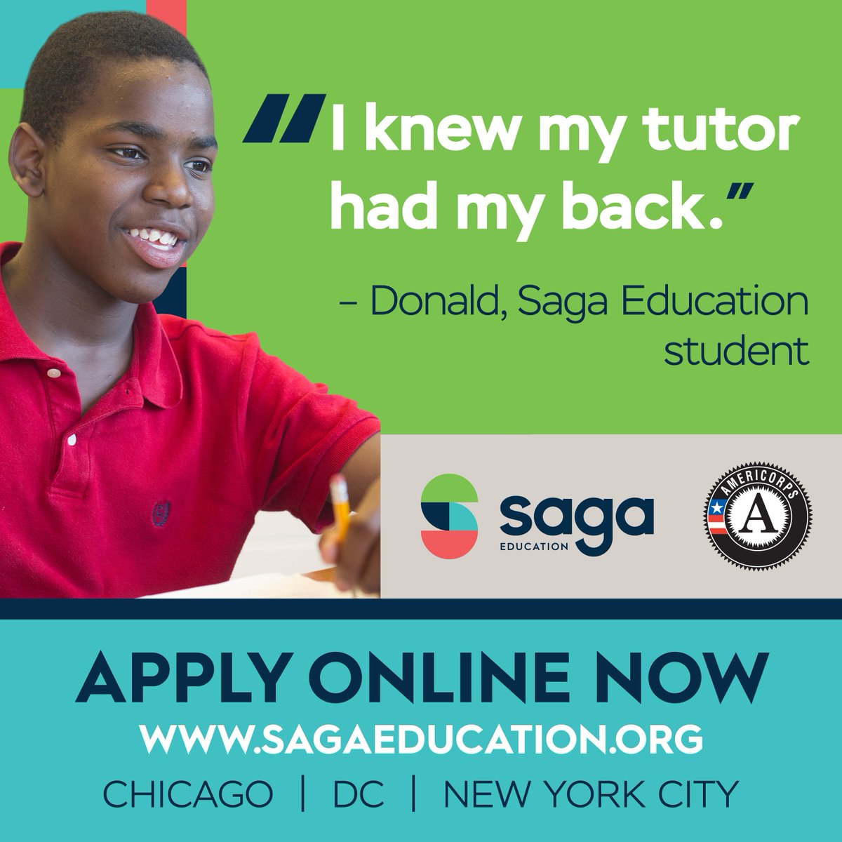 SagaEducation's tweet photo. As a #SagaFellow, you’ll be more than an academic coach, you’ll be a #mentor and have students' back. Consider how a service-year with Saga can be your chance to make a real difference. Apply online at https://t.co/NtNR3cqtze. https://t.co/naaYaZGdQT