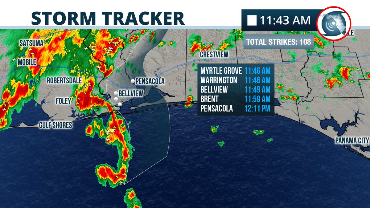 FloridaStorms's tweet photo. A line of strong t-storms are moving NE towards #Bellview #Pensacola. Expect downpours, frequent lightning and some gusty winds. #FLpanhandle https://t.co/Fo46PMHwdm