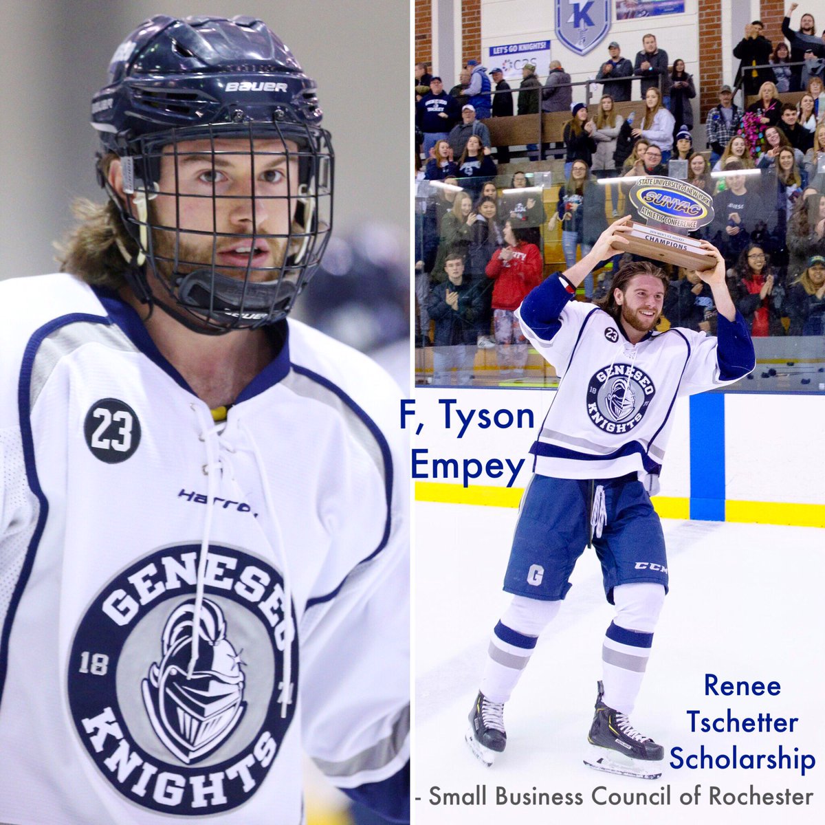 Not only a champion on the ice, but also off the ice! Congrats to <a href="/t_emps27/">Tyson Empey</a> (Accounting Major), who won the Renee Tschetter Scholarship from the <a href="/rocsbc/">Rochester Smallbiz</a>. #culturewins #OneKnight <a href="/GeneseoKnights/">Geneseo Knights</a> <a href="/SUNYGeneseo/">SUNY Geneseo</a>