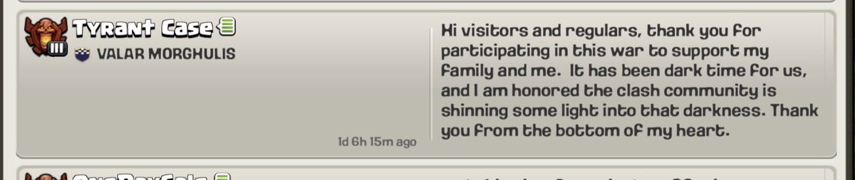 We raised over $3000. Here’s a hearty thanks to all the streamers, clan leaders, CWL admins and community folks who got together to make this possible. We couldn’t have done it without your support. 

Here’s a word from the man himself.