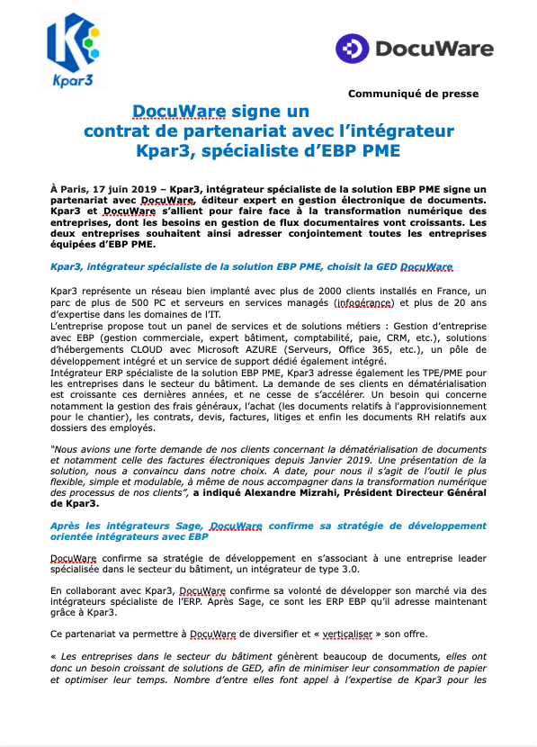Kpar3France's tweet photo. #DocuWare signe un contrat de partenariat avec l’intégrateur #Kpar3, spécialiste d’#EBP #PME. #futur #digital #numérique
En savoir plus : https://t.co/9k4aVsnyCB