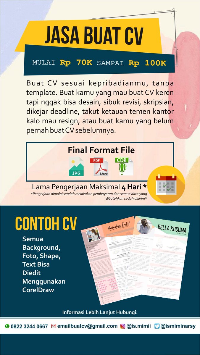 is_mimii's tweet image. Twitter please do your magic!
Teman, tolong bantu like &amp;amp; retwitnya ya, atau kasih gambar ini ke siapapun yang membutuhkan

Aku buka jasa bikin desain CV, terserah gimana desainnya aku bantu buatkan. Bisa buat siapa aja, desain gimana aja. Thanks

Like dulu aja, besok pasti butuh!