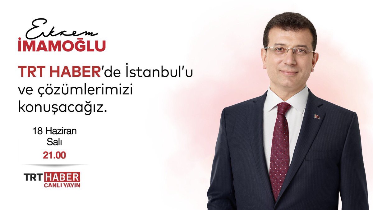 Sayın Ekrem İmamoğlu bu akşam saat 21’de TRT Haber ekranlarında.🤗