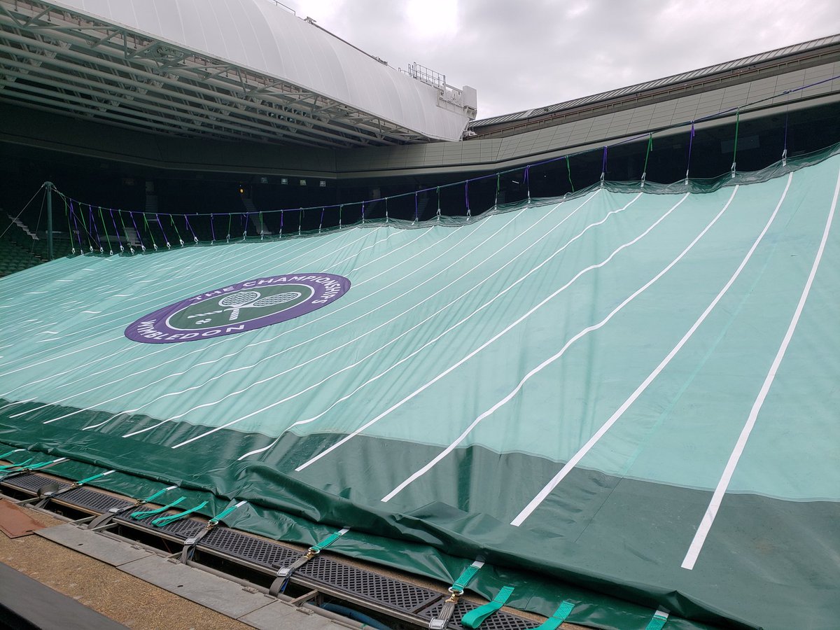 GreatManDan's tweet photo. Covers going up on all courts @Wimbledon today. Even the royal box gets its own personalized cover. 👌 https://t.co/8a0JLCRk88