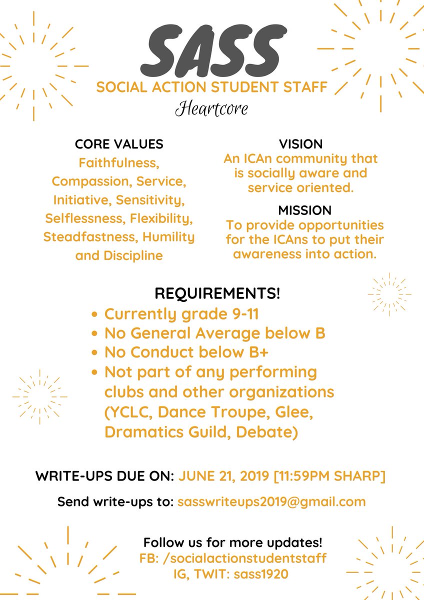 SASS1920's tweet photo. SASS Write-Ups are up now! Send a google docs file of your write-up to sasswriteups2019@gmail.com. Deadline will be on June 21, 2019 11:59 PM. Hope to see your write-ups soon! Good luck! 💛

https://t.co/PolJTUIk0B https://t.co/fXCBXMCPA2