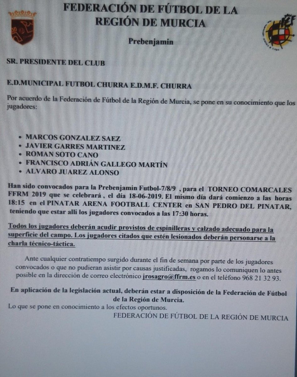 Enhorabuena a nuestros 5 prebenjamines por estar convocados esta tarde con la Selección Murciana de Fútbol para el Torneo Comarcales. 
Marcos, Javi, Román, Francisco y Álvaro a disfrutar!!! <a href="/ffrm_es/">FFRM</a>