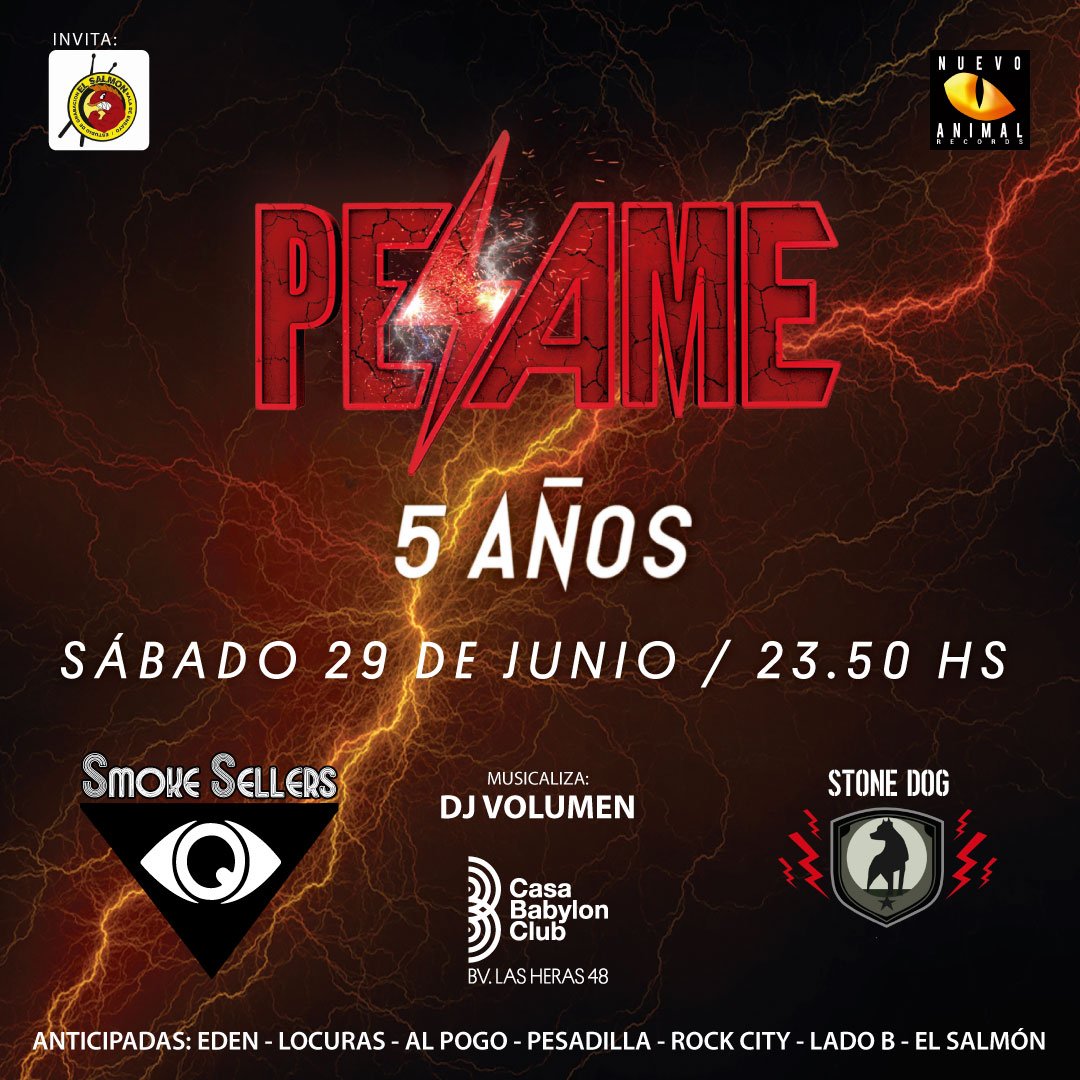 BandaPesame's tweet photo. 💥 PE⚡AME 5 Años 💥 Sábado 29 de junio Casa Babylon Club ⚡ Invitados: Los SmokeSellers 🤘 Dj VOLUMEN 🤘 STONE DOG ⚡ Anticipadas: Eden Entradas * Locuras Cordoba * Pesadilla Rockeria * RockCity Tattoo * Lado B música * Sala De Ensayo Elsalmon ⚡️⚡️⚡️ https://t.co/KbOX14grr3