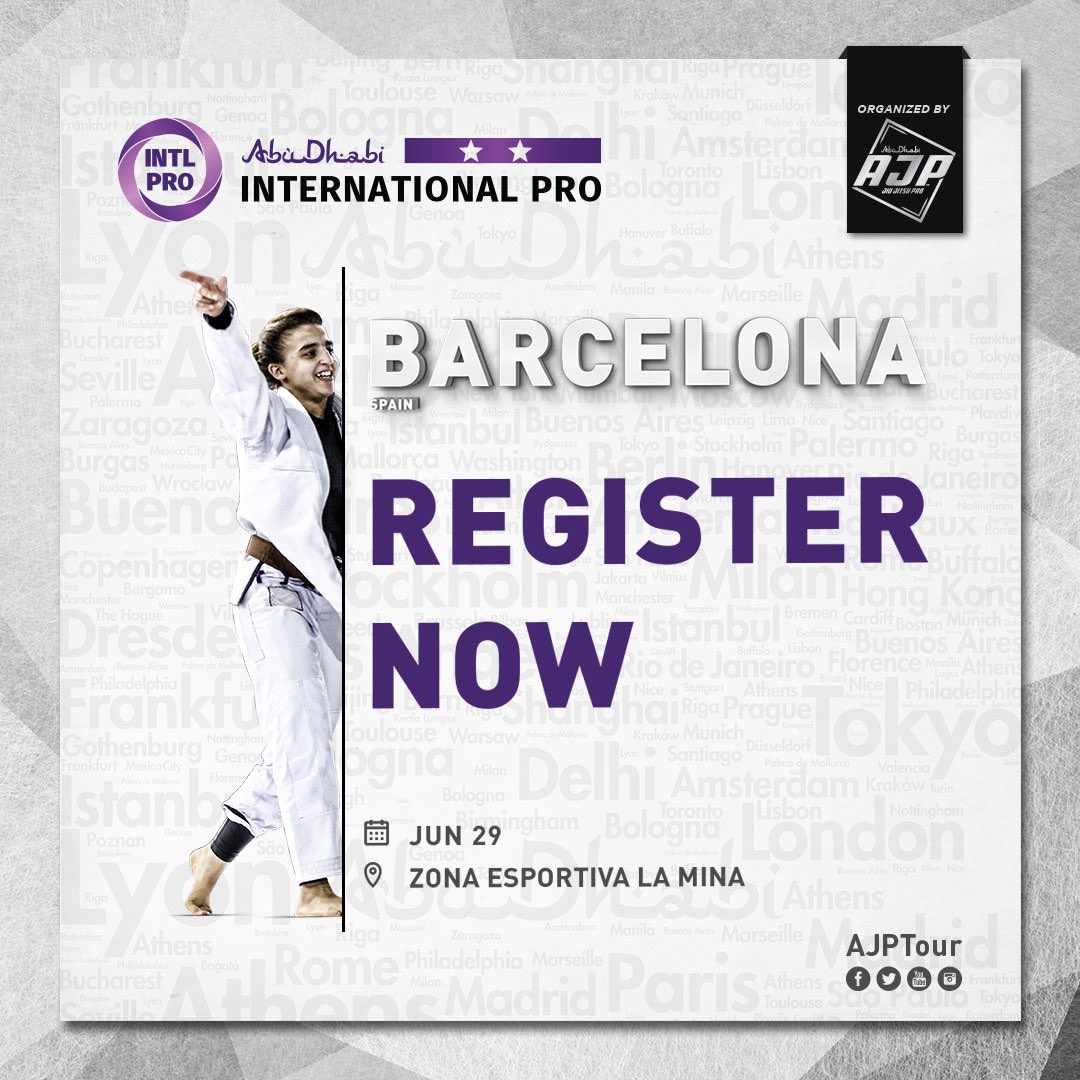 AJPTour's tweet photo. Mark your calendars for Barcelona #IntlPro 29 June. You still have a chance to register 👇
Register Now: https://t.co/FOlNDb737b
#AJPTour #AJP #IntlPro #JiuJitsu #Barcelona #Spain #JiuJitsuLifeStyle #AJPWorldRanking https://t.co/s3GyxiOcYR