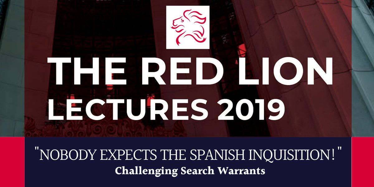 LECTURE INVITE: 

"NOBODY EXPECTS THE SPANISH INQUISITION!"
Challenging Search Warrants

presented by Tom Forster QC &amp; Matthew Hardcastle <a href="/matthardcastle2/">Matt Hardcastle</a> <a href="/kingsleynapley/">Kingsley Napley LLP</a> 

25 June, 6:30pm <a href="/KCL_Law/">The Dickson Poon School of Law</a>

FREE tix inc. networking drinks: bit.ly/2Jg5WnC

#RedLionLectures