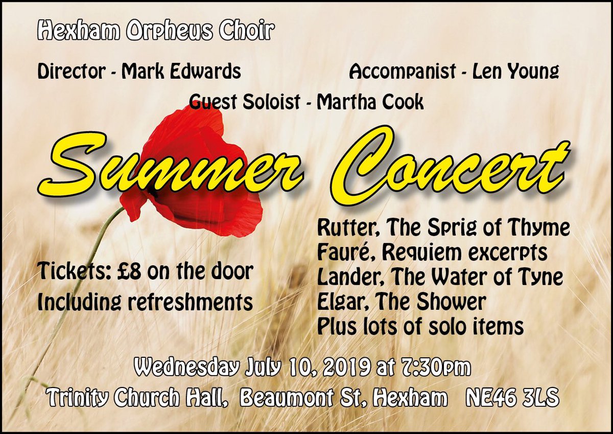 Come join us at Trinity Church Hall in Hexham for our Summer concert.