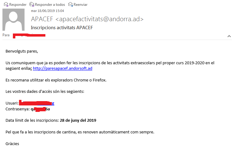 eandorra's tweet photo. Hi ha correus en què signaries el què calgui per a no veure-ho mai. Com aquest de l'#APACEF sense signatura digital, dades i contrasenyes en texte pla i accès a un domini tercer sense #SSL. Son dades sensibles de menors. Greu per l'associació i molt greu per part del proveïdor. https://t.co/M4LoWInZDD
