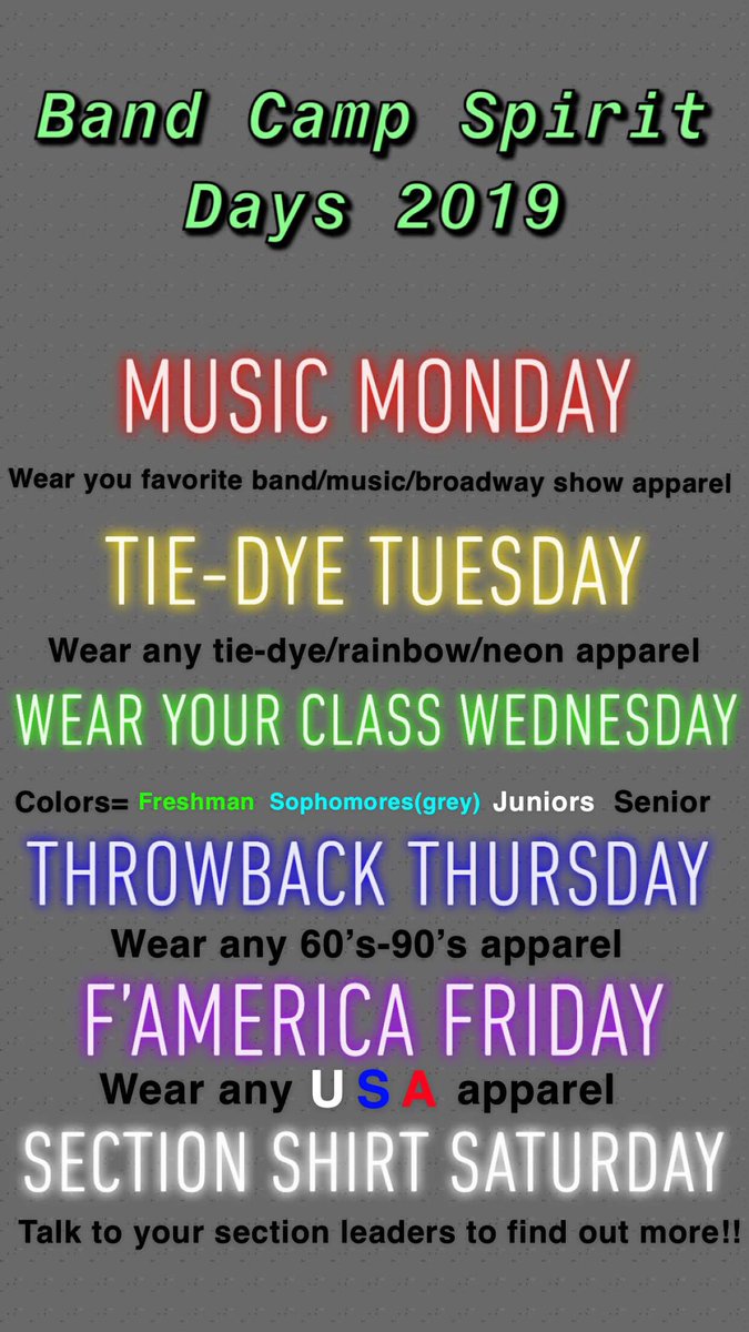 ehsdrummajors's tweet photo. Spirit Days are out for our 2019 Band Camp!!! https://t.co/yoz8ryCgvd