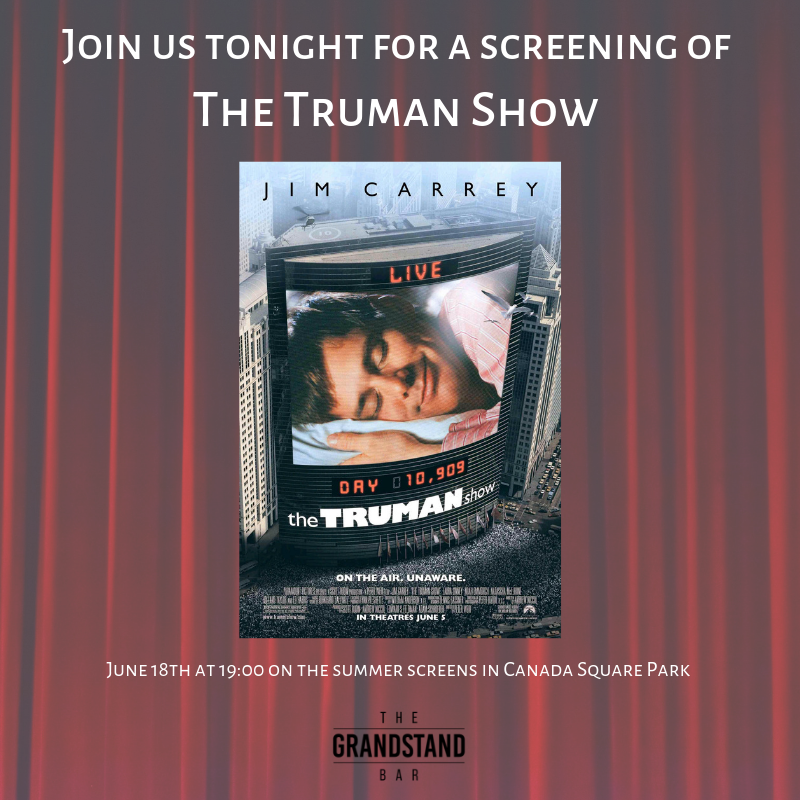 The Truman Show will be playing tonight in Canada Square Park. Stop by for a drink and enjoy a film under the stars🍻🍸#GrandstandCW