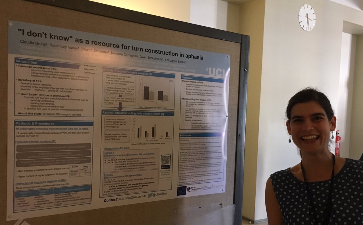The super duper post-doc researcher <a href="/claudihei/">Claudia Bruns</a> presents her #phd research on formulaic language - using “I don’t know” to help conversation move forward #Atypical2019 <a href="/2019Atypical/">Atypical Interaction Conference 2019</a> <a href="/BCAphasia/">Better Conversations Lab</a> <a href="/UCLLangCog/">UCL Language & Cognition</a>