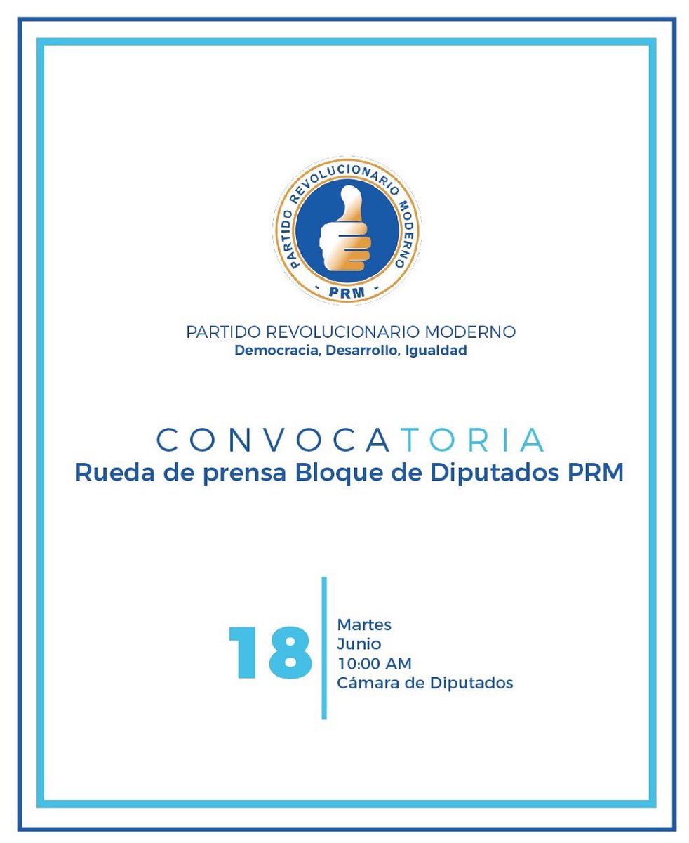 .<a href="/PRM_Oficial/">PRM</a> convoca a una rueda de prensa en su bloque en <a href="/DiputadosRD/">Cámara de Diputados de la República Dominicana</a> a las 10:00 a.m. de este martes 18 de junio.

Se prevé que la convocatoria se deba para desmentir las acusaciones de que se estarían confabulando con el <a href="/PLDenlinea/">PLD</a> para reformar la Constitución.
#ElLectorRD