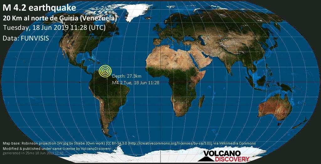 Light mag. 4.2 earthquake - 20 Km al norte de Guiria (Venezuela) on Tuesday, 18 June 2019 dlvr.it/R6qWTl