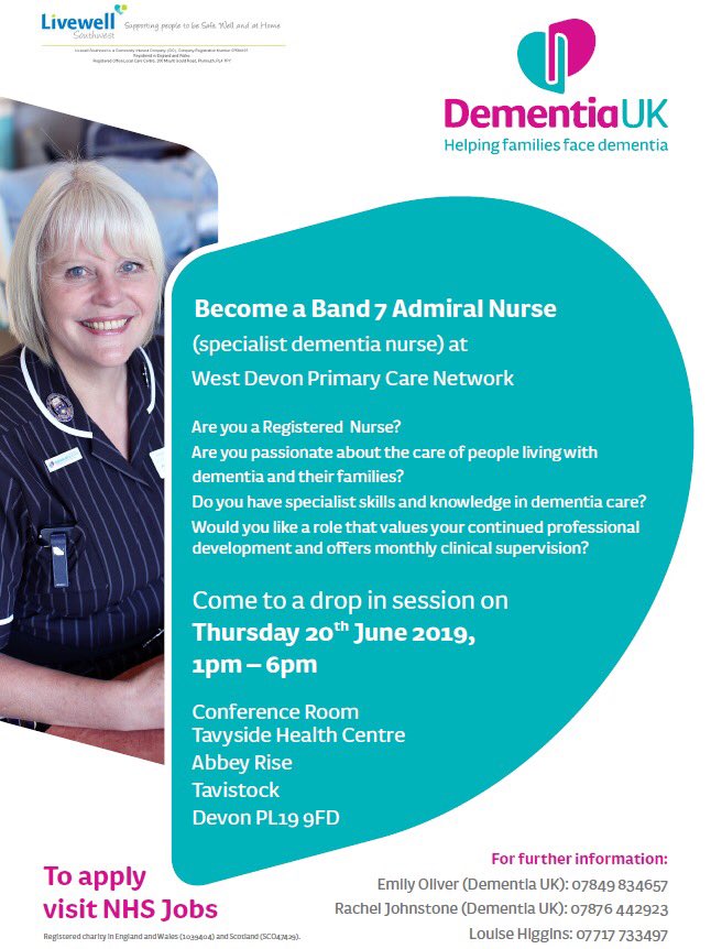 Find out more about the new #admiralnurse role in Tavistock, #Devon by coming along to a drop-in event THIS THURSDAY. The perfect #job for a #nurse with a passion for family-centred #dementia care. #DevonJobs @ProudtoCare @livewellsw