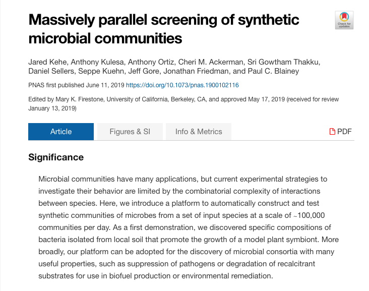 Researchers present the kChip, a platform to construct and test synthetic communities of microbes at a scale of approximately 100,000 communities per day. Read more in this <a href="/PNASNews/">PNASNews</a> publication. pnas.org/content/early/…