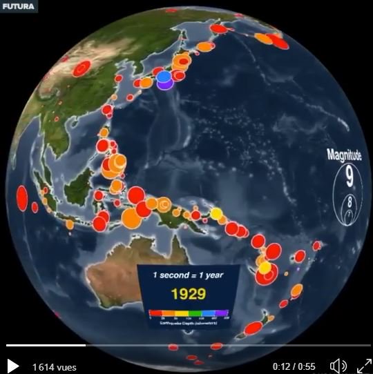 SVT_edu_num's tweet photo. Une superbe animation #3D avec tous les #seismes enregistrés du 01/01/1901 au 31/12/2000. Les cercles indiquent : magnitude  du séisme et la couleur sa profondeur #futuraplanete #planete  #SVTFOE #Terre 
# cycle4 #lycée #PremiosMTVMIAW
https://t.co/EADm3cYbUO
@futurasciences https://t.co/sOrVnTKA8K