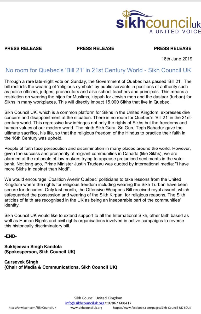 PreetKGillMP's tweet photo. Thank you to @SikhCouncilUK for speaking out against #QuebecBill21 restricting the wearing of ‘religious symbols’ by public servants. This is an attack on everyone’s right to freedom of religion and belief. I call on the @coalitionavenir to learn lessons from the UK. @APPGFoRB https://t.co/M4zKj5S6K6