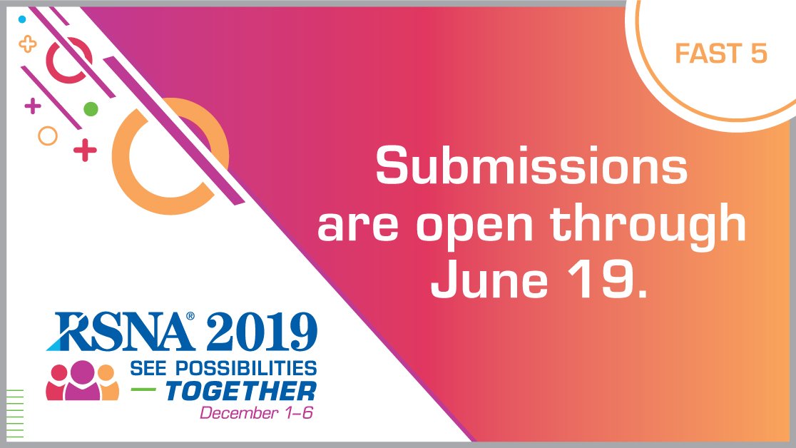 RSNA's tweet photo. #RSNAFast5 submissions close tomorrow! Whatever your idea may be, we want to hear it—fast.
Five speakers will be chosen to each deliver a five-minute talk at #RSNA19. Submit your non-clinical topic for a chance to present to your peers on December 3: https://t.co/JmdecmYT6b https://t.co/Co6pUsnr1V