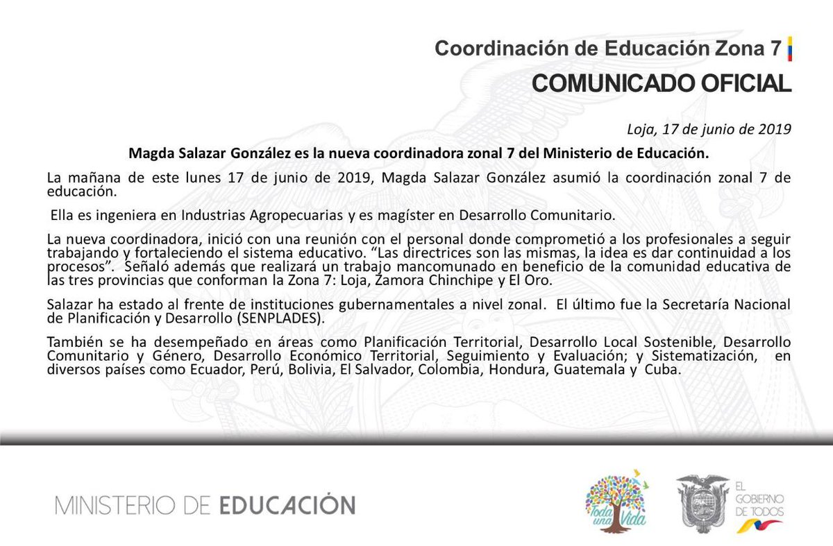 craj_78's tweet photo. [COMUNICADO OFICIAL] | Desde este lunes 17 de junio la Ing. Magda Salazar González asumió la Coordinación Zonal 7 del Ministerio de Educación que corresponden a las provincias de El Oro, Loja y Zamora Chinchipe. @magdasalazarg @EducacionZ7_Ec @Educacion_Ec https://t.co/rlDrwVYxT3