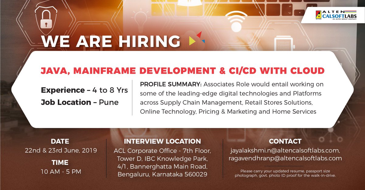 ACL_Digital's tweet image. We are hiring Java, Mainframe Developer & CI/CD with Cloud
Drive date: 22nd & 23rd June 2019
Drive Loc: Bangalore
Share your resume with us at jayalakshmi.n@altencalsoftlabs.com, ragavendhranp@altencalsoftlabs.com
#javadeveloper #jobsinbangalore #MainframeDeveloper #acljobs