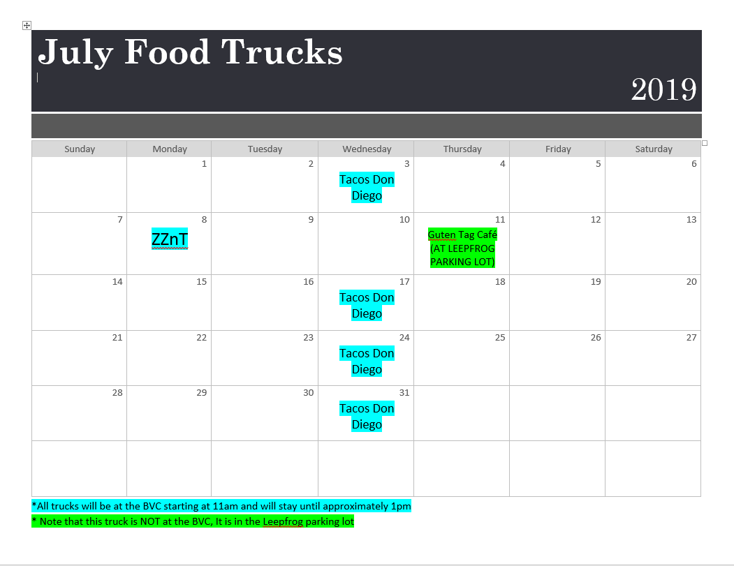 Food Truck schedule has been set for the Research Park this summer! All trucks will serve food from approximately 11am-1pm, we hope to see you all there!