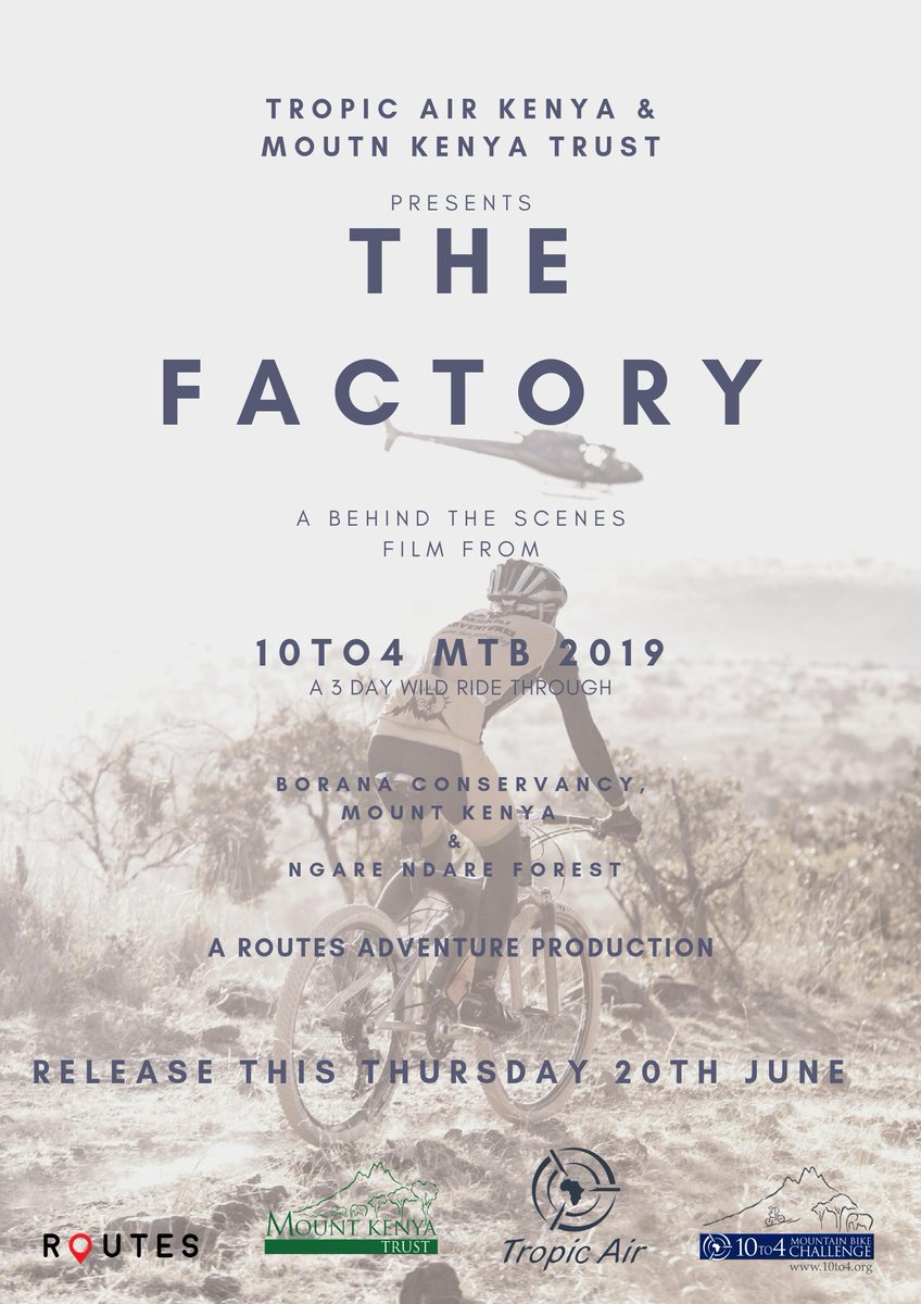 Releasing the <a href="/10to4event/">10to4 Mountainbike Challenge</a> documentary this Thursday which highlights the inner workings of how <a href="/mountkenyatrust/">Mount Kenya Trust</a> put together a successful 3 day Mountain Bike challenge keeping all 400 participants safe all through the weekend in <a href="/BoranaWildlife/">Borana Conservancy</a> . Sposnored by <a href="/TropicAirKenya/">Tropic Air Kenya</a>