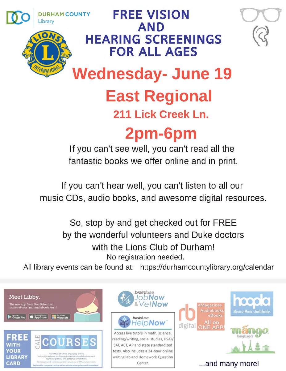 DurhamCountyLib's tweet photo. Stop by East Regional this Wednesday for a free vision and hearing screening for all ages. Duke doctors and Lions Club members check eye pressure, acuity, retina and inner eye health, and hearing. It’s quick and free! https://t.co/UbiVRaIXVq https://t.co/YOGB5rcOrg